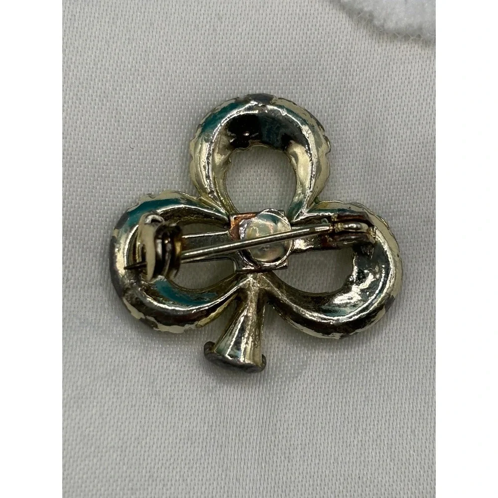 Vintage‎ Green Clover Pin Brooch Rhinestone Lucky Charm READ